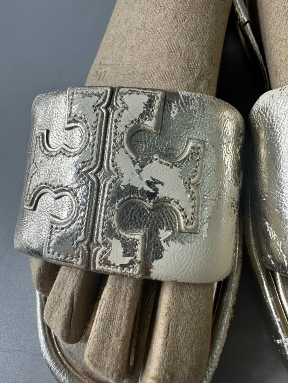TORY BURCH Double T Sport Metallic Slide Sandals In Spark Gold- Size US 8